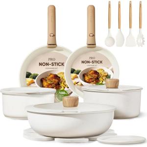 imageCAROTE 33pcs Pots and Pans Non Stick Cookware Sets Detachable Handle Induction Kitchen Pots and Pans NonStick Cooking Set OvenDishwasherFridge Safe Space SavingCream White