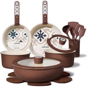 imageCAROTE 33pcs Pots and Pans Non Stick Cookware Sets Detachable Handle Induction Kitchen Pots and Pans NonStick Cooking Set OvenDishwasherFridge Safe Space SavingChocolate