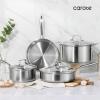 imageCAROTE 3Piece TriPly Stainless Steel Frying Pan Set Skillet Set 81012 Induction Compatible Oven amp Dishwasher Safe Gold Handle Mothers Day GiftsSilver