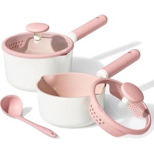 imageCAROTE 2QT amp 3QT Sauce Pan Sets with Lid amp Ladle Ceramic Nonstick Pot Set Non Toxic Saucepan Small Kitchen Cooking Pots Easy to Clean Induction Comptable PFAS PTFE Free BlackPink