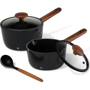 imageCAROTE 2QT amp 3QT Sauce Pan Sets with Lid amp Ladle Ceramic Nonstick Pot Set Non Toxic Saucepan Small Kitchen Cooking Pots Easy to Clean Induction Comptable PFAS PTFE Free BlackBlack