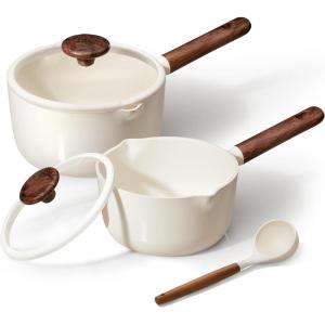 imageCAROTE 2QT amp 3QT Sauce Pan Sets with Lid amp Ladle Ceramic Nonstick Pot Set Non Toxic Saucepan Small Kitchen Cooking Pots Easy to Clean Induction Comptable PFAS PTFE Free BlackWhite