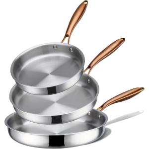 imageCAROTE 3Piece TriPly Stainless Steel Frying Pan Set Skillet Set 81012 Induction Compatible Oven amp Dishwasher Safe Gold Handle Mothers Day GiftsGold