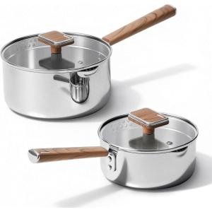 imageCAROTE15Qt amp 3Qt Stainless Steel Saucepan Set Triple Ply Stainless Steel Pot Saucepan with Glass Lid Small Sauce Pot with Wooden Handle Easy Pour Rim Mothers Day GiftsSilver