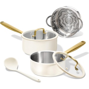 image:imageCAROTE 15Qt amp 30Qt Stainless Steel Saucepan Set with Steamer amp Ladle NonToxic 3Ply Stainless Steel Pot with Lids Small Pots for Cooking Oven Safe Induction Compatible Cookware PurpleWhite