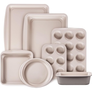image:imageCAROTE 6Piece Ceramic Baking Pans Set Aluminized Steel Bakeware Sets ToxinFree Nonstick Stackable Oven Pans with Cookie Sheet Muffin Pan Loaf Pan Round amp Square Cake Pan Cooling RackGray  Khaki