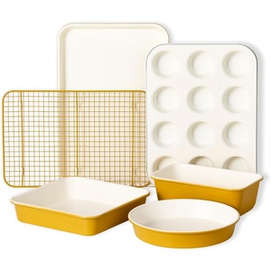 image:imageCAROTE 6Piece Ceramic Baking Pans Set Aluminized Steel Bakeware Sets ToxinFree Nonstick Stackable Oven Pans with Cookie Sheet Muffin Pan Loaf Pan Round amp Square Cake Pan Cooling RackYellow 6pcs