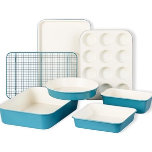 image:imageCAROTE 6Piece Ceramic Baking Pans Set Aluminized Steel Bakeware Sets ToxinFree Nonstick Stackable Oven Pans with Cookie Sheet Muffin Pan Loaf Pan Round amp Square Cake Pan Cooling RackBlue 7pcs