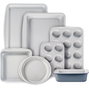 image:imageCAROTE 6Piece Ceramic Baking Pans Set Aluminized Steel Bakeware Sets ToxinFree Nonstick Stackable Oven Pans with Cookie Sheet Muffin Pan Loaf Pan Round amp Square Cake Pan Cooling RackGray  Blue