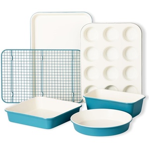 image:imageCAROTE 6Piece Ceramic Baking Pans Set Aluminized Steel Bakeware Sets ToxinFree Nonstick Stackable Oven Pans with Cookie Sheet Muffin Pan Loaf Pan Round amp Square Cake Pan Cooling RackBlue 6pcs