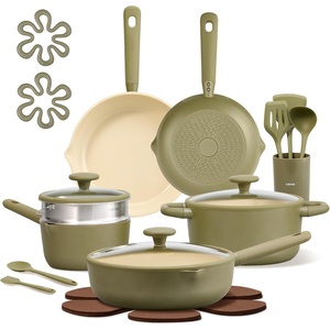 image:imageCAROTE Ceramic Cookware Set 14 PCS Pots and Pans Set Non Stick Pot and Pan Set with Frying pan Induction Ready Cooking Set for Kitchen PFOSPFOAPFAS Free PinkGreen